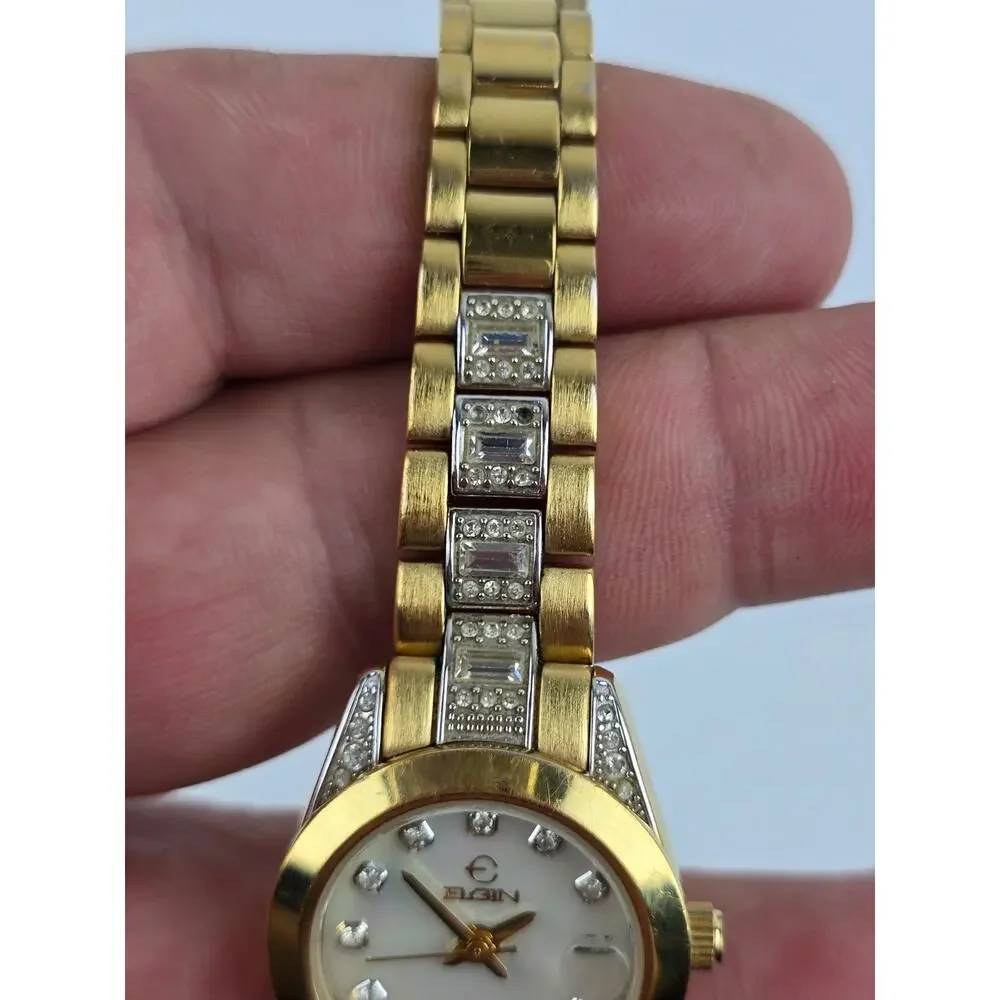 Elgin EG145 Women's Gold tone Mother Pearl Dial w/ Date & Crystals band -Running